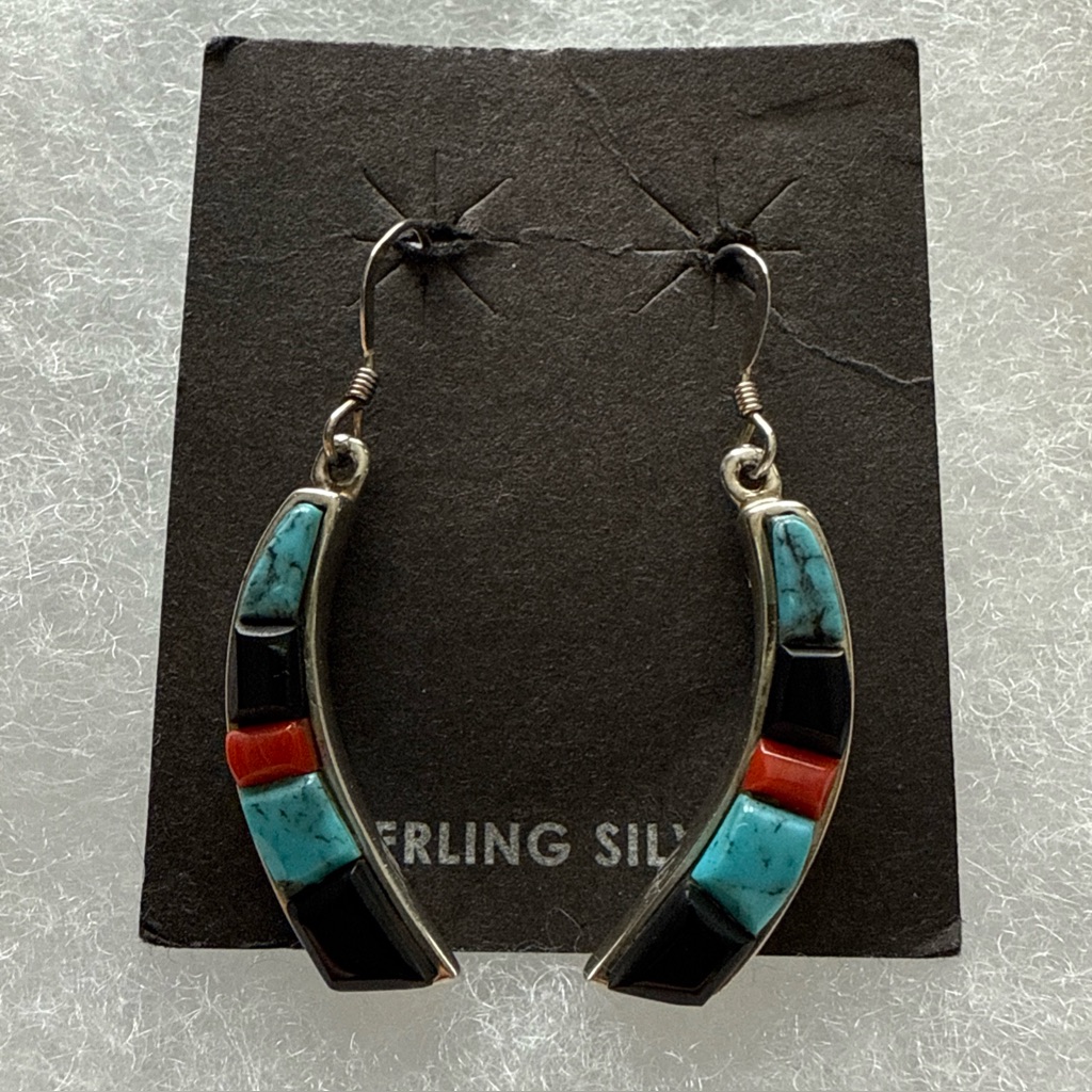 Navajo Sterling Silver Turquoise Red Black Coral Dangle 925 Earrings 1 1/8”